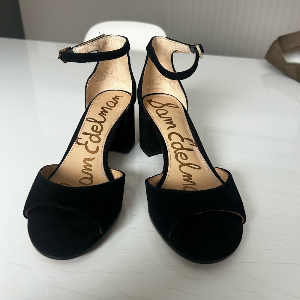 Sam Edelman 6 1/2 Suede Susie Black Ankle Strap Block Heels - Picture 2 of 7